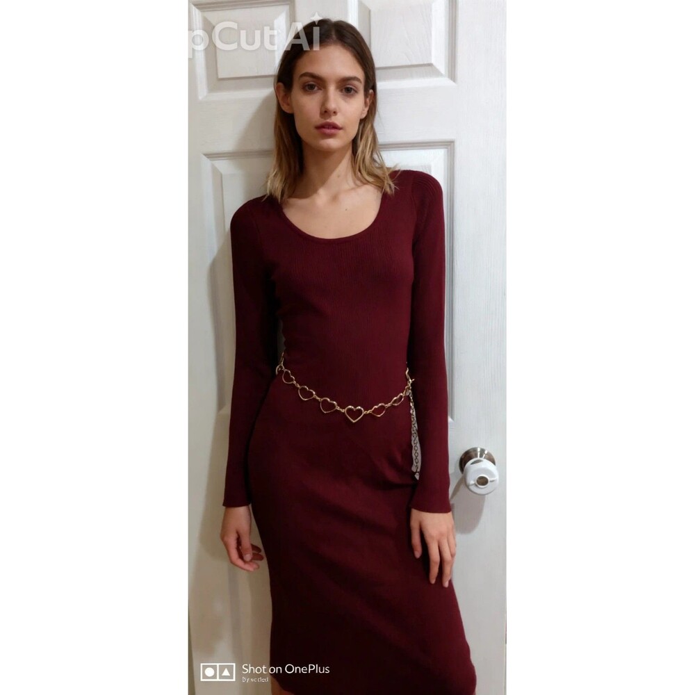 J For Justify Burgundy Ribbed Knit Scoop Neck Long Sleeve Midi Sweater Dress M